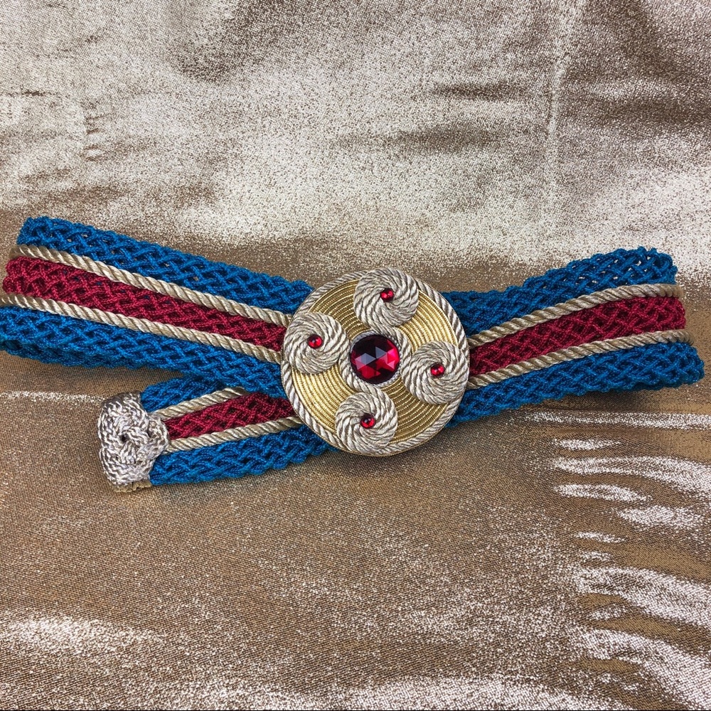VINTAGE Braided Belt Rhinestone Gold Disc Buckle